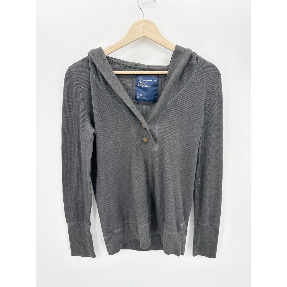 Y2Kâ American Eagle Gray Thermal Pullover Sweater Hooded Shawl Neck Women Large